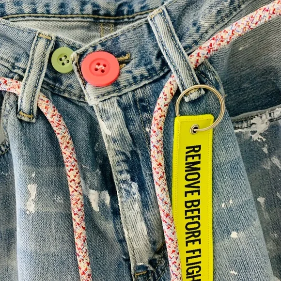 Levi's Distressed Blue Denim Jeans with Red Patch & Pink Drawstring - Picture 2 of 3